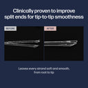 Before and after comparison of hair split ends with text on a dark blue background