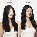 Before and after comparison of a woman's hair with a hair care product.