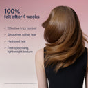 Woman with smooth, straight hair against a pink background with text about hair product benefits.