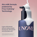 UNOVE hair care product with pump and text about airy milk formula and Frizz-Calming Technology on a pink background