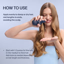 Woman applying hair product with text on how to use it