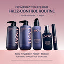 UNOVE hair care product lineup on a pink background with text about frizz control routine.