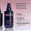 UNOVE hair oil bottle with product features on a pink background