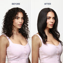 Before and after comparison of a woman's hair transformation using a shampoo and conditioner.