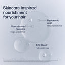 Skincare-inspired hair care product with droplets labeled for ingredients on a light gray background.