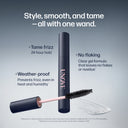 Mascara with wand and product features on a gray background