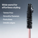 Hairbrush with wide bristle head on a gray background, featuring text about its use.