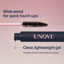UNOVE mascara with wide wand and clear, lightweight gel on pink background