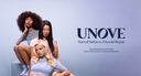 Three models with diverse hair textures posing together beside the UNOVE logo and tagline “Surreal Softness, Powerful Repair” on a soft gradient background